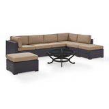 Biscayne 6Pc  Outdoor Wicker Sectional Set W/Fire Pit Mocha/Brown - Ashland Firepit, 2 Loveseats,  Armless Chair, & 2 Ottomans