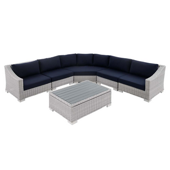 Conway Sunbrella® Outdoor Patio Wicker Rattan 6-Piece Sectional Sofa Set - Light Gray Navy EEI-4358-LGR-NAV