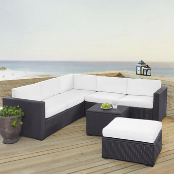 Biscayne 5Pc Outdoor Wicker Sectional Set White/Brown - Corner Chair, Coffee Table, Ottoman, & 2 Loveseats