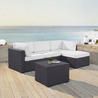 Biscayne 4Pc Outdoor Wicker Sectional Set White/Brown - Loveseat, Corner Chair, Ottoman, & Coffee Table