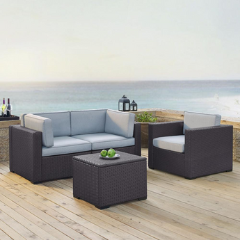 Biscayne 4Pc Outdoor Wicker Conversation Set Mist/Brown - Arm Chair, Coffee Table, & 2 Corner Chairs