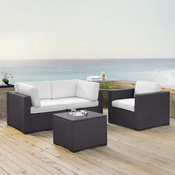 Biscayne 4Pc Outdoor Wicker Conversation Set White/Brown - Arm Chair, Coffee Table, & 2 Corner Chairs
