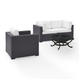 Biscayne 4Pc Outdoor Wicker Conversation Set W/Fire Pit White/Brown - Armchair, Ashland Firepit, & 2 Corner Chairs