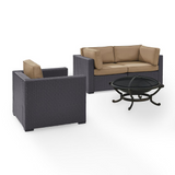 Biscayne 4Pc Outdoor Wicker Conversation Set W/Fire Pit Mocha/Brown - Armchair, Ashland Firepit, & 2 Corner Chairs