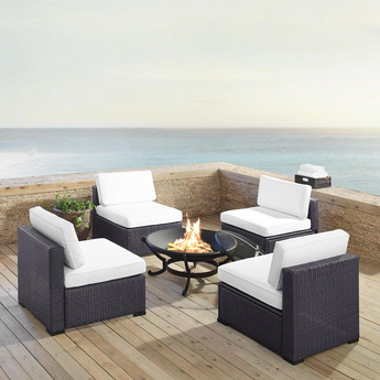 Biscayne 5Pc Outdoor Wicker Conversation Set W/Fire Pit White/Brown - Ashland Firepit & 4 Armless Chairs