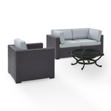 Biscayne 4Pc Outdoor Wicker Conversation Set W/Fire Pit Mist/Brown - Armchair, Ashland Firepit, & 2 Corner Chairs