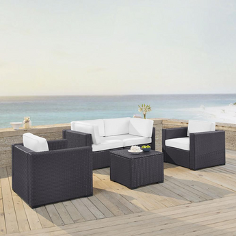 Biscayne 5Pc Outdoor Wicker Conversation Set White/Brown - Coffee Table, 2 Armchairs, & 2 Corner Chairs