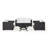 Biscayne 5Pc Outdoor Wicker Conversation Set W/Fire Pit White/Brown - Ashland Firepit, 2 Armchairs, & 2 Corner Chairs