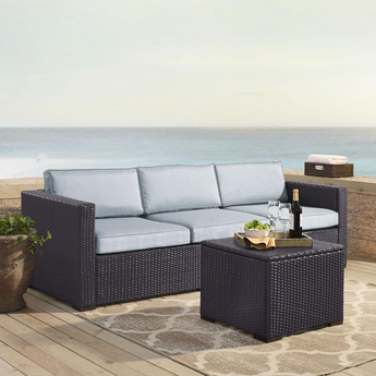 Biscayne 3Pc Outdoor Wicker Sofa Set Mist/Brown - Loveseat, Corner Chair, & Coffee Table