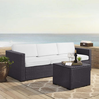 Biscayne 3Pc Outdoor Wicker Sofa Set White/Brown - Loveseat, Corner Chair, & Coffee Table