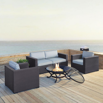 Biscayne 5Pc Outdoor Wicker Conversation Set W/Fire Pit Mist/Brown - Ashland Firepit, 2 Armchairs, & 2 Corner Chairs