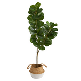 4.5ft. Fiddle Leaf Fig Artificial Tree with Boho Chic Handmade Cotton & Jute White Woven Planter