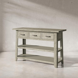 Telluride Rustic Distressed Acacia 50" Sofa Table with Drawers and Two Shelves, Driftwood Grey