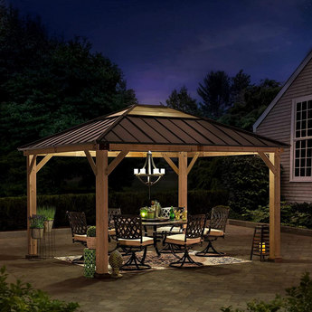 11 ft. x 13 ft. Cedar Framed Gazebo with Brown Steel and Polycarbonate Hip Roof Hardtop