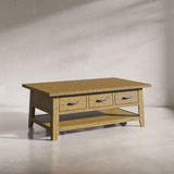 Telluride Rustic Distressed Acacia 50" Coffee Table with Caster Wheels and Pull-Through Drawers, Gold