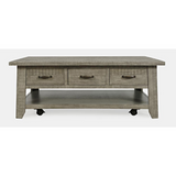 Telluride Rustic Distressed Acacia 50" Coffee Table with Caster Wheels and Pull-Through Drawers, Driftwood Grey