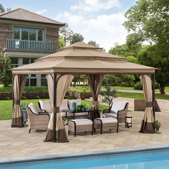 Sunjoy 13 ft. x 13 ft. Steel Gazebo with 3-tier Tan and Brown Canopy