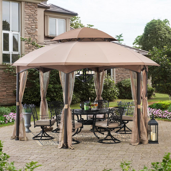 Sunjoy 13.5 ft. x 13.5 ft. Brown Steel Gazebo with 2-tier Tan and Brown Dome Canopy