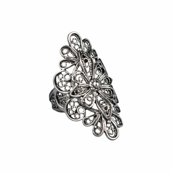 Sterling Silver Filigree Art Lace Embroidery Long Statement Ring