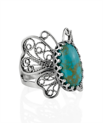 Sterling Silver Filigree Art Turquoise Gemstone Butterfly Cocktail Ring