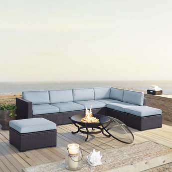 Biscayne 6Pc  Outdoor Wicker Sectional Set W/Fire Pit Mist/Brown - Ashland Firepit, 2 Loveseats,  Armless Chair, & 2 Ottomans