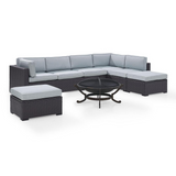 Biscayne 6Pc  Outdoor Wicker Sectional Set W/Fire Pit Mist/Brown - Ashland Firepit, 2 Loveseats,  Armless Chair, & 2 Ottomans