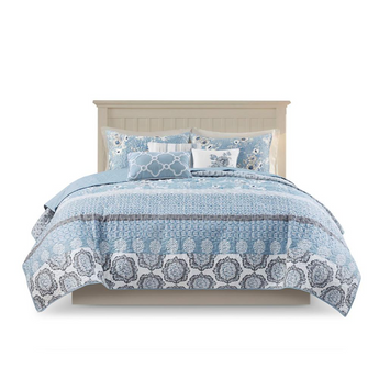 100% Cotton Sateen Printed 6 Pcs Coverlet Set, Blue