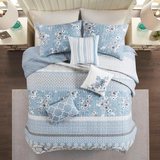 100% Cotton Sateen Printed 6 Pcs Coverlet Set, Blue