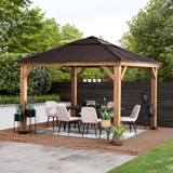 Sunjoy 13 ft. x 15 ft. Patio Cedar Framed Gazebo with Brown Steel and Polycarbonate Hip Roof Hardtop
