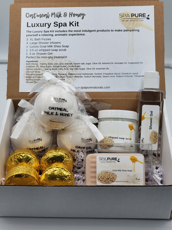 Spa Pure Luxury Spa Kit = Oatmeal, Milk & Honey, Gift for Mom, Pampering Gift Set, Bath Fizzies, Shower Steamers, Whipped Soap Scrub, Shower gel