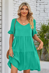 Charlize V-Neck Flounce Sleeve Tiered Dress