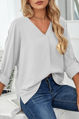 Roll-Tab Sleeve V-Neck Blouse