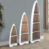 Cottage 3 Piece Boat Shaped Freestanding Shelves | White/Driftwood Brown Solid Wood | Fully Assembled Nautical Display Cases