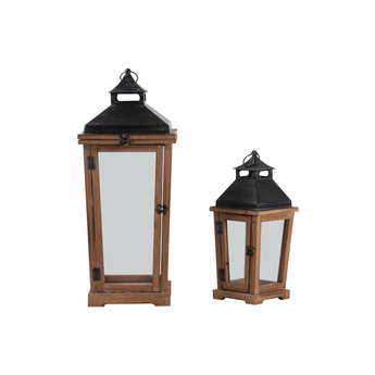 Wood Square Lantern with Black Metal Top, Ring Hanger, Clear Glass Sides Body and Metal Sheet Inner Surface Set of Two Natural Finish Brown