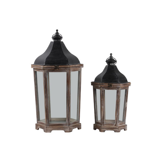 Wood Hexagon Lantern with Black Metal Top, Ring Hanger, Clear Glass Sides Body and Metal Sheet Inner Surface Natural Finish Set of Two Brown