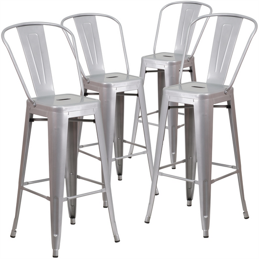 4 Pk. 30'' High Silver Metal Indoor-Outdoor Barstool with Back