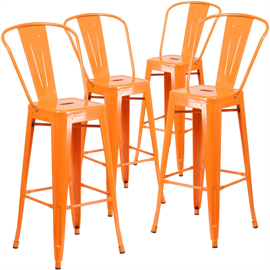 4 Pk. 30'' High Orange Metal Indoor-Outdoor Barstool with Back