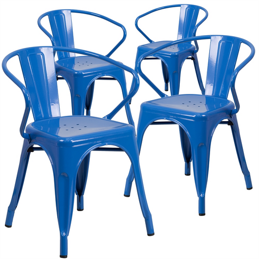 4 Pk. Blue Metal Indoor-Outdoor Chair with Arms