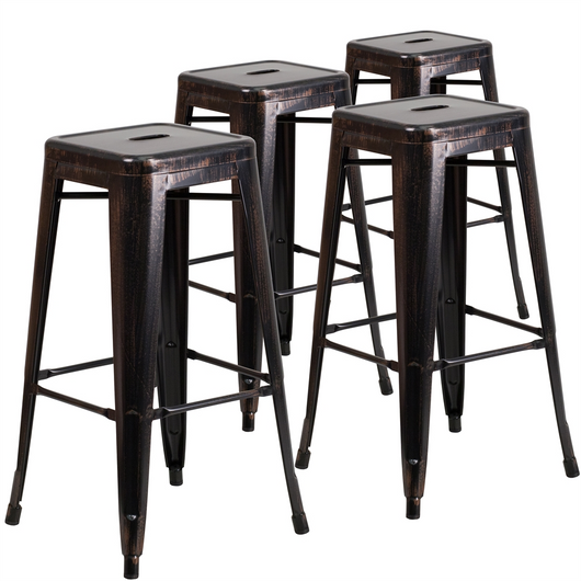 4 Pk. 30'' High Backless Black-Antique Gold Metal Indoor-Outdoor Barstool with Square Seat