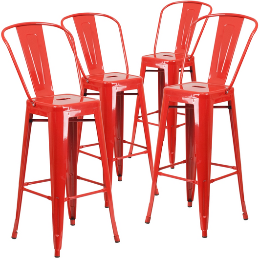 4 Pk. 30'' High Red Metal Indoor-Outdoor Barstool with Back