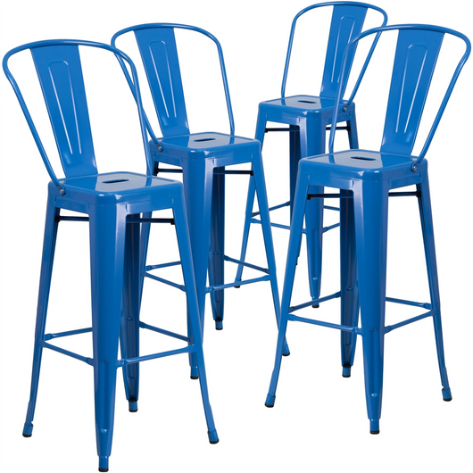 4 Pk. 30'' High Blue Metal Indoor-Outdoor Barstool with Back