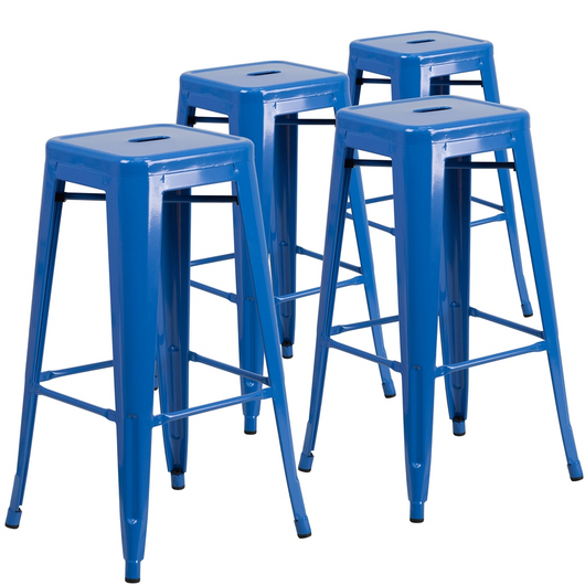 4 Pk. 30'' High Backless Blue Metal Indoor-Outdoor Barstool with Square Seat