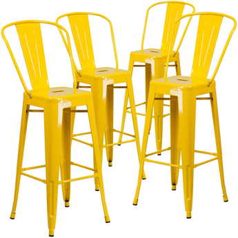 4 Pk. 30'' High Yellow Metal Indoor-Outdoor Barstool with Back