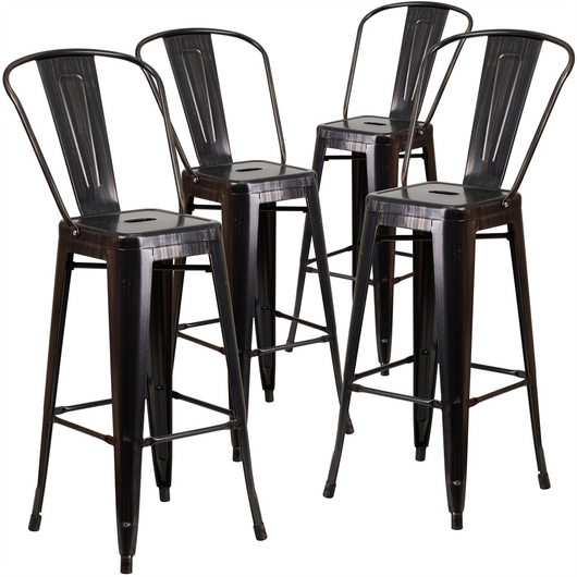4 Pk. 30'' High Black-Antique Gold Metal Indoor-Outdoor Barstool with Back