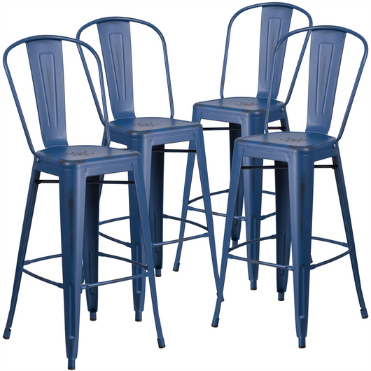 4 Pk. 30'' High Distressed Antique Blue Metal Indoor-Outdoor Barstool with Back