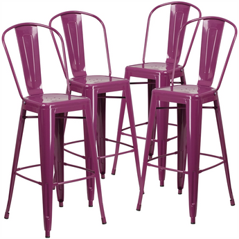 4 Pk. 30'' High Purple Metal Indoor-Outdoor Barstool with Back