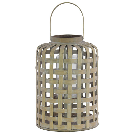 Wood Round Lantern with Top Handle, Latice Design Body and Hurricane Glass Candle Holder Weathered Finish Tan