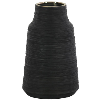 Ceramic Round Vase with Broad Lips, Short Neck and Combed Design Body LG Coated Finish Black