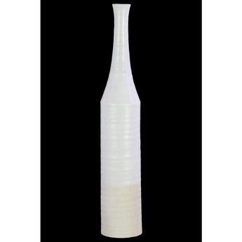Ceramic Bottle Vase with Narrow Mouth, Long Neck, Cream Banded Rim Bottom and Combed Speckled Design Body Coated Finish Ivory, Large