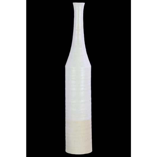 Ceramic Bottle Vase with Narrow Mouth, Long Neck, Cream Banded Rim Bottom and Combed Speckled Design Body Coated Finish Ivory, Large